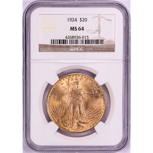 1924 $20 St. Gaudens Double Eagle Gold Coin NGC MS64