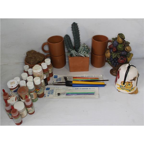 FLAT LOT OF TERRA COTTA, HANGING BELL & PAINT SUPP