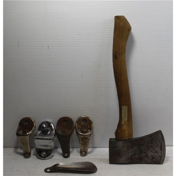 LOT W/ VINTAGE AXE + 4 BOTTLE OPENERS + SHOE HORN