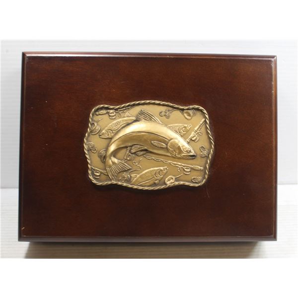 BOMBAY CHERRY WOOD BOX WITH BRASS FISH ON TOP