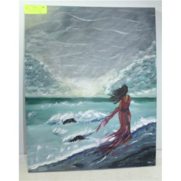 ORIGINAL ART BY C. KLINK  WOMAN ON A WINDY SHORE 