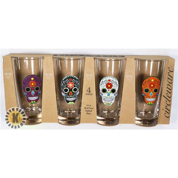 NEW 4 PC SUGAR SKULL THEME 14OZ HIGHBALL GLASSES