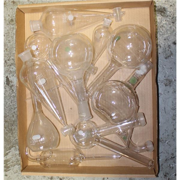 BOX OF LABORATORY GLASS BEAKERS + MORE