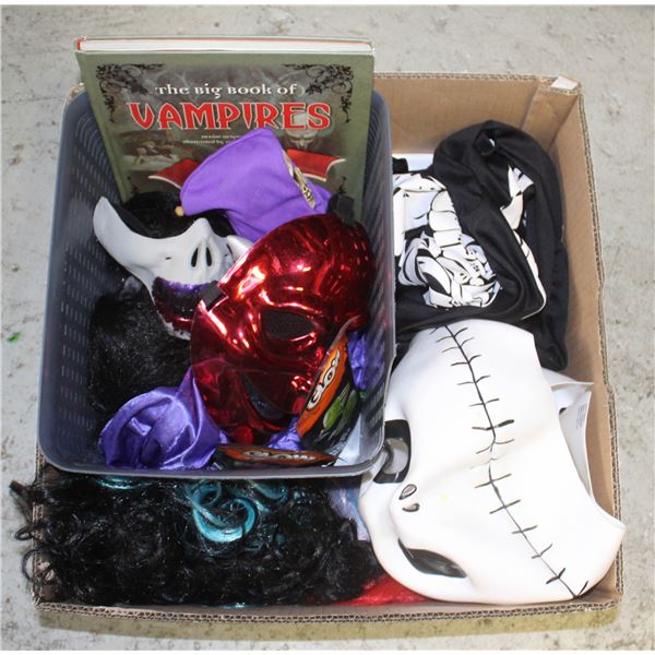 BOX OF HALLOWEEN COSTUMES, MASKS, WIGS + MORE