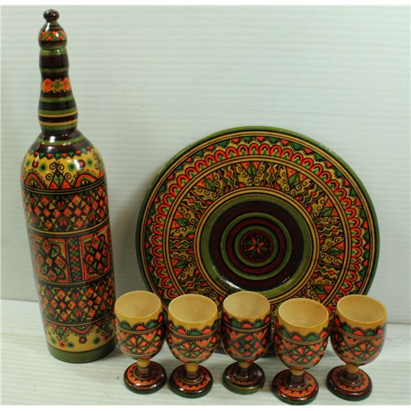 POLISH WOODEN FOLK ART DECANTER AND CUP SET HAND