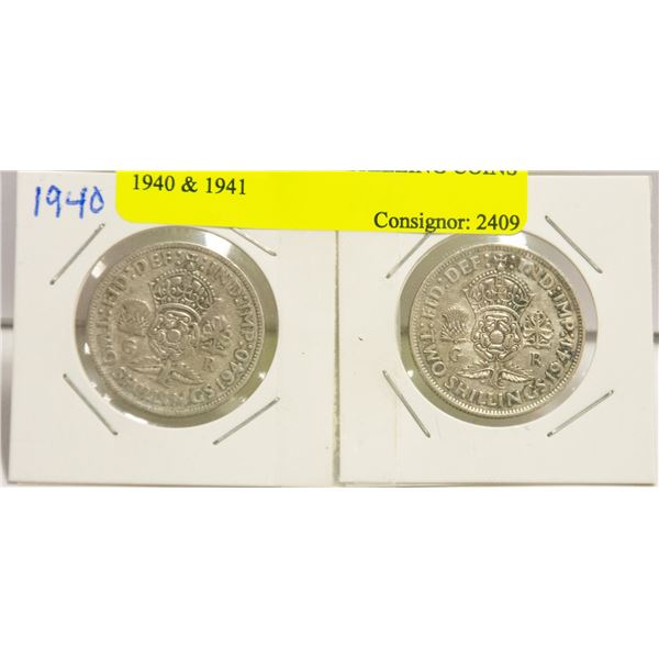 2 ENGLISH SILVER SHILLING COINS 1940 & 1941