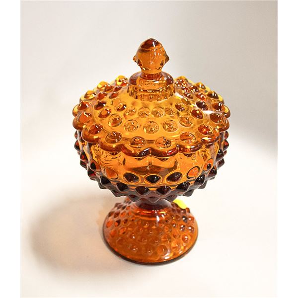 VINTAGE AMBER HOBNAIL LIDDED CANDY DISH