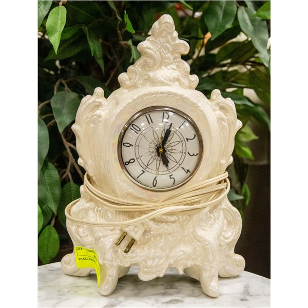 PEARL FINISHED MANTLE CLOCK APPROX 10  TALL