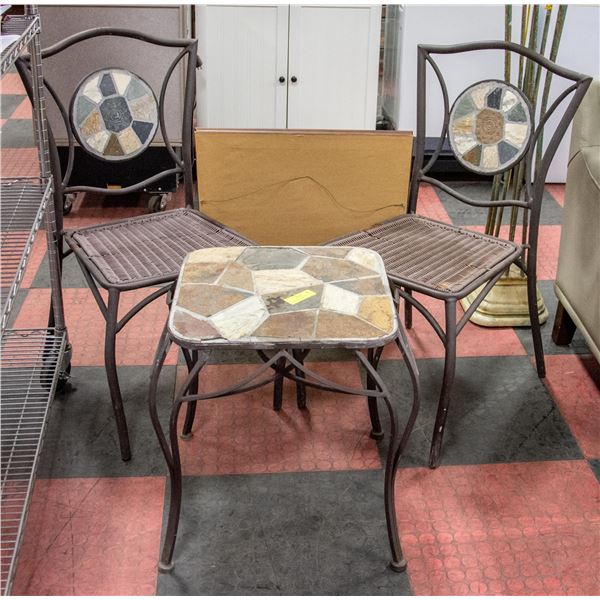 TILE INLAYED PATIO TABLE AND 2 MATCHING CHAIRS