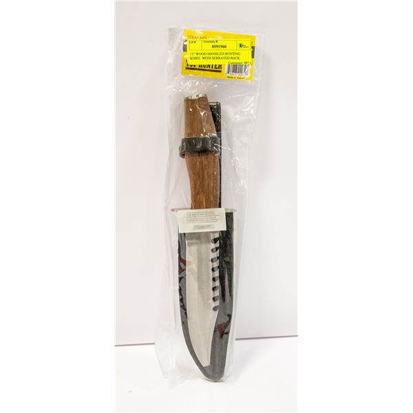 11" WOOD HANDLED HUNTING KNIFE  WITH SERRATED BACK