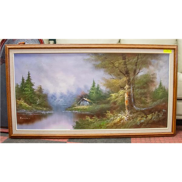 OIL ON CANVAS PAINTING CABIN ON THE LAKE 48  X 24 