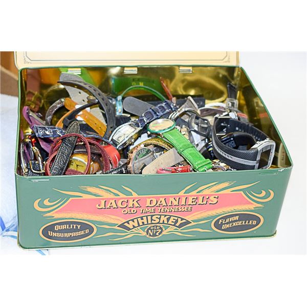 JACK DANIELS TIN BOX FULL OF WATCHES ALL TOGETHER
