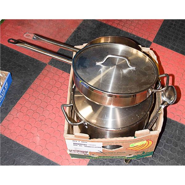 BOX OF COMMERCIAL STAINLESS STEEL POTS & PANS &