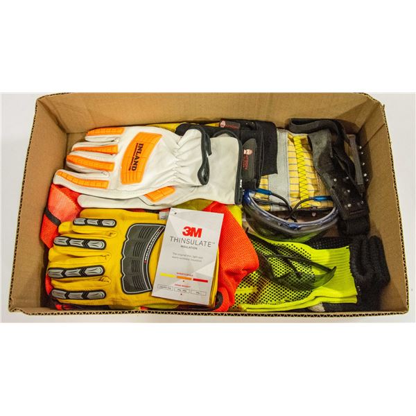 BOX OF NEW WORK GLOVES, SAFETY GLASSES, PPE,