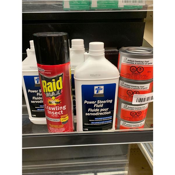 Lot of raid, power steering fluid and sterno - 8 items
