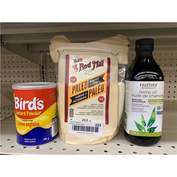 lot of bake items custard, flour, hemp oil