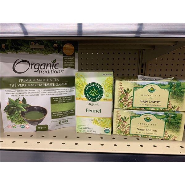 Lot of organic tea, matcha and sage leaves