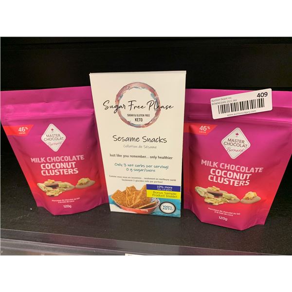 Assorted Sesame and Milk Chocolate Coconut Snacks Lot of 3