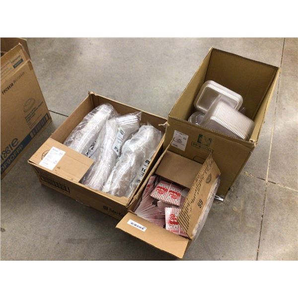 Case of popcorn bins and clamshell containers