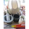 Image 1 : BOX OF MISC. POTTERY, POTTERY LAMP, MORTAR & PESTLE, ETC.