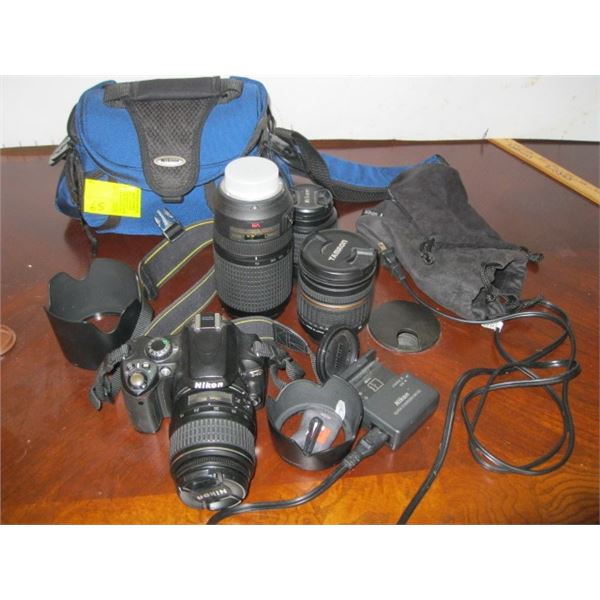 NIKON D40 CAMERA WITH 4 LENSES, 18-55MM, 17-50MM, 70-300MM, 55-200MM WITH BAG & ACCESS.