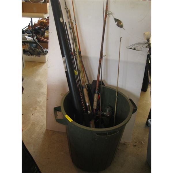 GARBAGE CAN WITH ASST. FISHING RODS & REELS