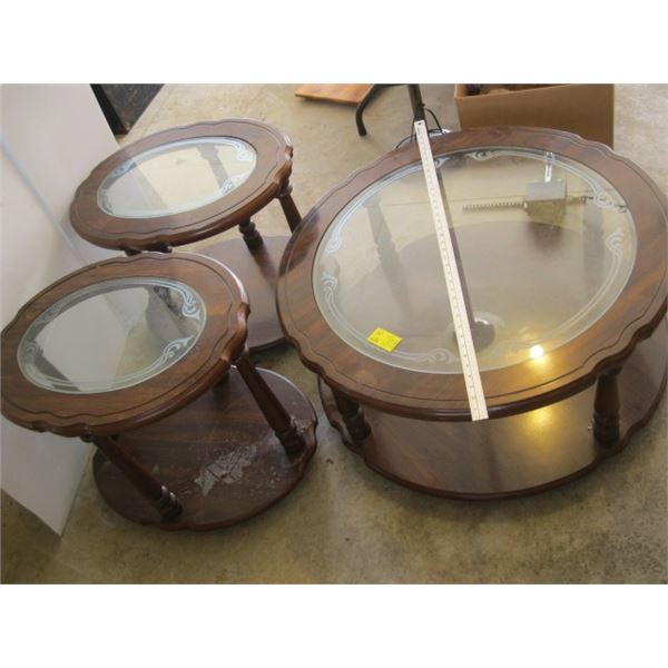 3 PIECE GLASS TOPPED COFFEE & END TABLE SET