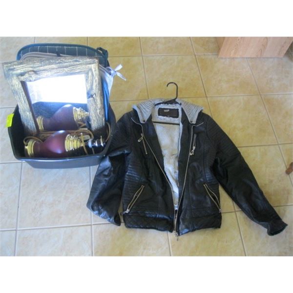 BIN OF MISC. LEATHER JACKET, MIRROR, CUSHIONS, ETC.