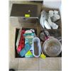 Image 1 : 3 BOXES & BREADBOX OF ASST. DISHES, FRY PAN, ETC.