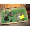 Image 2 : WOOD BOX WITH COLLECTABLE GLASS LIGHT BULB SHADE, BOTTLES, ETC.