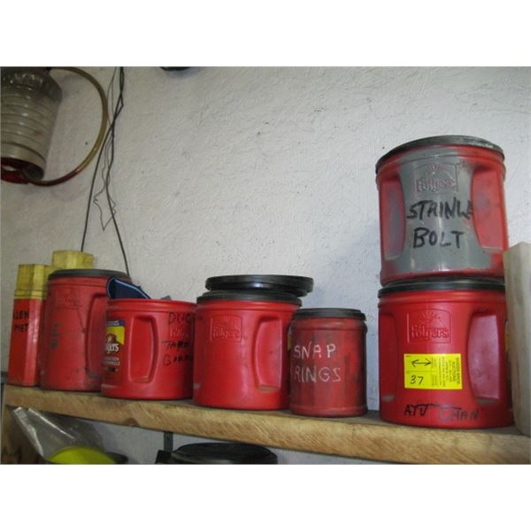 SHELF OF ASST. CONTAINERS & CONTENTS, SNAP RINGS, CAR PARTS, ETC.