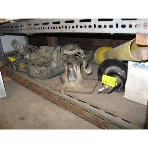 SHELF OF ASST. CAR PARTS, CARBURETORS, JACK, ETC.