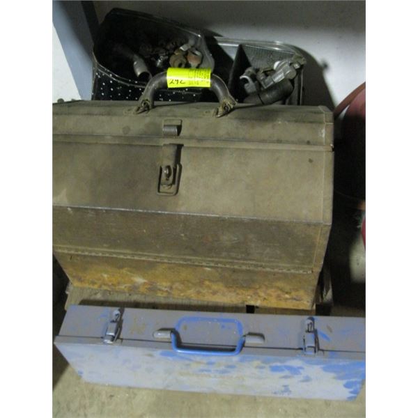 FOLDOUT TOOL BOX WITH ASST. BRASS FITTINGS & BOX OF MISC. ASST. FITTINGS