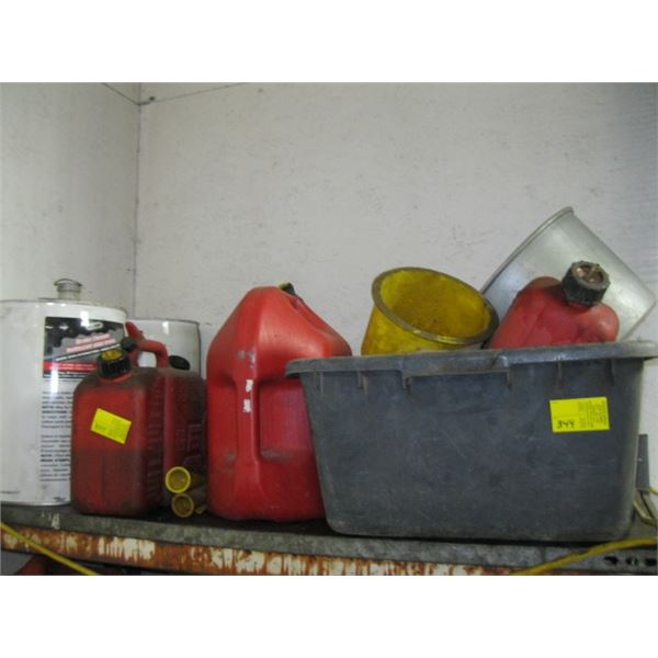 SHELF OF ASST. OIL FUNNELS, GAS CANS, BRAKE CLEANER, ETC.