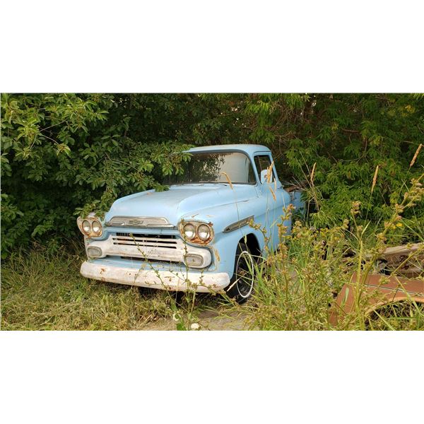1958 Chevy pickup - rare, big back window cab, long box, stepside