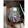 Image 2 : BOX OF FISHING SUPPLIES, TACKLEBOX, FISHING RODS, AND NET
