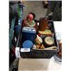 Image 2 : CRATE OF TINS, COLLECTABLES, VINTAGE DOLLS, BEAN CROCK AND JAR