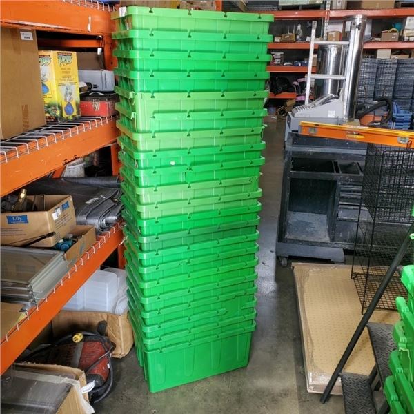 STACK OF 22 GREEN STORAGE TOTES RANGE FROM GOOD TO POOR