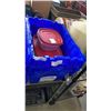 Image 1 : 2 BLUE TOTES WITH BUILT IN LIDS, 2 METAL TRAYS, 2 RUBBERMAID CONTAINERS WITH LIDS
