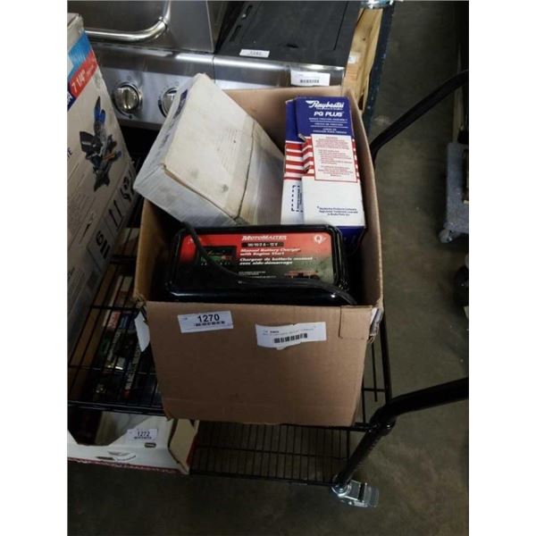 BOX OF CAR PARTS, BATTERY CHARGER, TOOLS