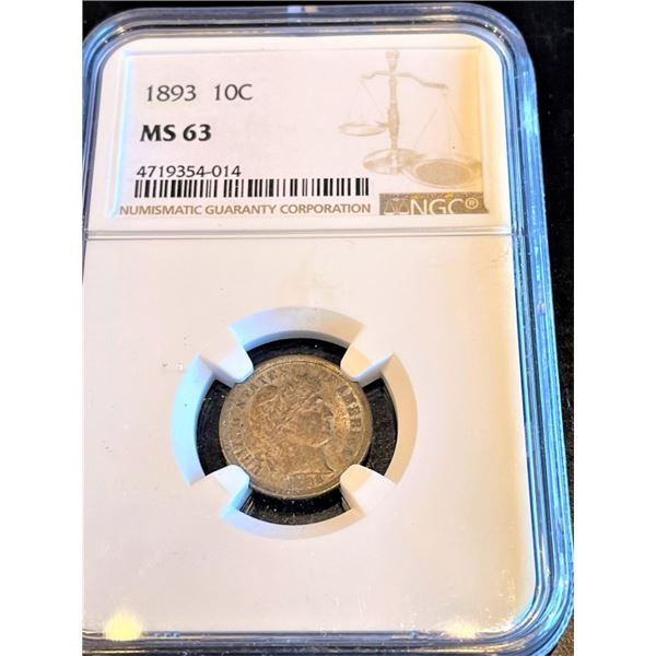 1893 MS 63 NGC Barber Dime Key Date