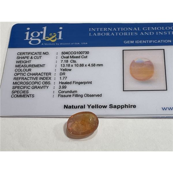 7.18 Natural Yellow Sapphire Gem with COA