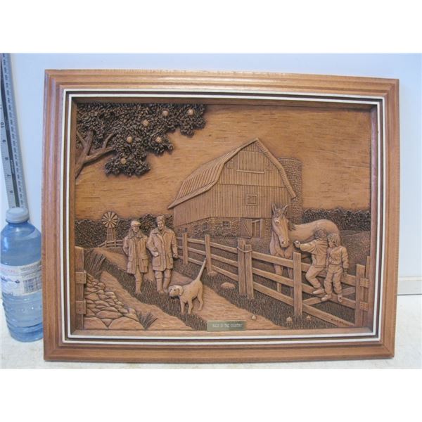 Wood Carved Signed Picture "Walk in the Country"