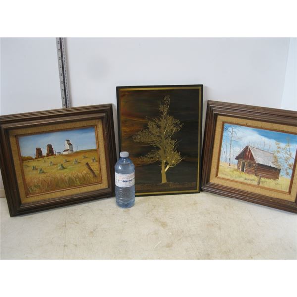 2-Signed  Farm Paintings on canvas 1 Metal Engrave of a tree