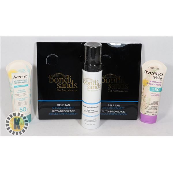 BAG OF ASSORTED TANNING AND SUNSCREEN PRODUCTS