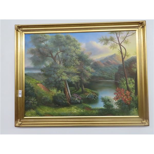 Large Framed Oil On Canvas "Mountain Lake" Signed K. Corenzo