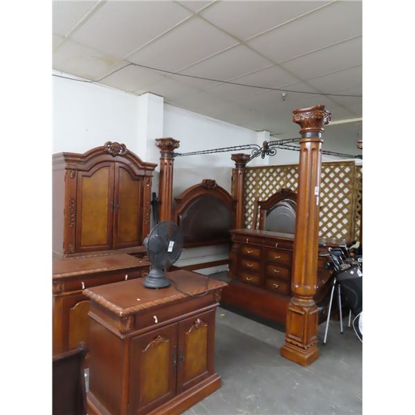 Carved Burl Column Canopy Bed/Dresser/Mirror/Armoire