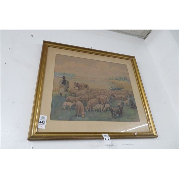 Old Framed Art  Sheep Herding  by Benyovsky