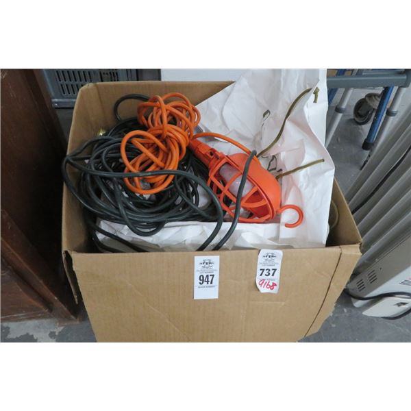 Box Lot of Extension Cords & Lamp