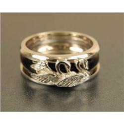 A HIDALGO 18K WHITE GOLD SWAN MOTIF AND BLACK ENAMEL RING